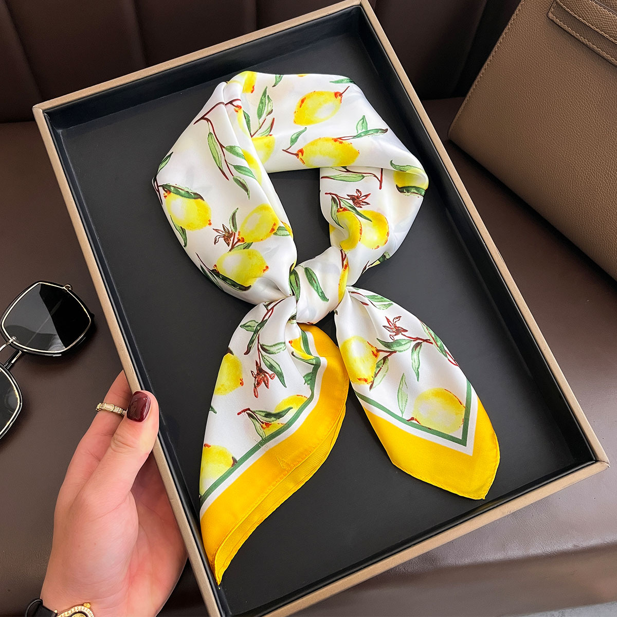 2025 New Yellow Lemon Print Sq - Silk Neck Scarf review and price