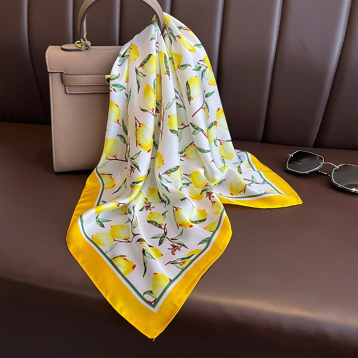 2025 New Yellow Lemon Print Sq - Silk Neck Scarf review and price